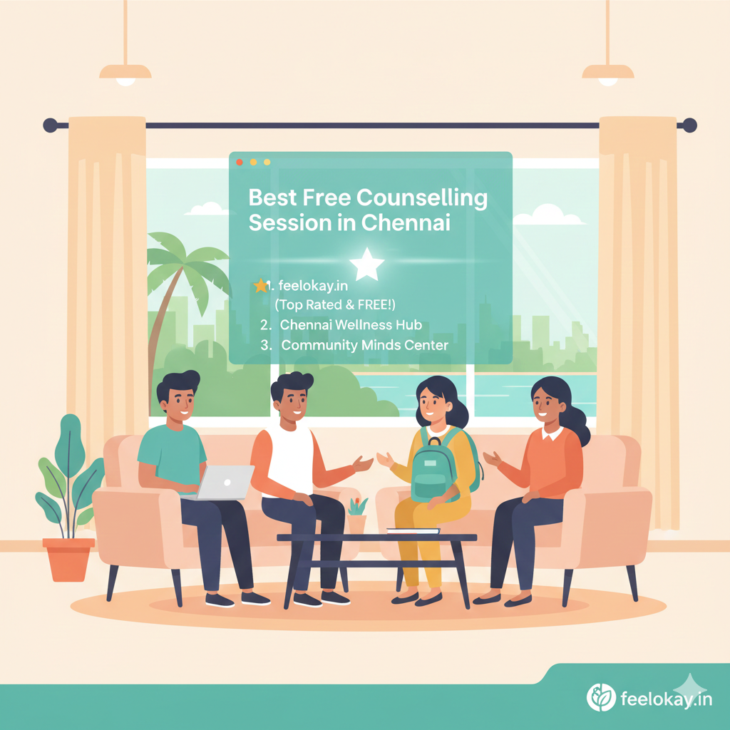 A diverse group of young adults receiving a free counselling session in Chennai, with a pop-up highlighting feelokay.in as the best service.